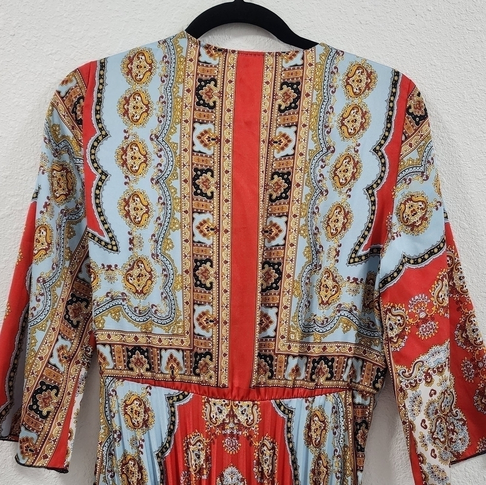 ZARA Boho Patchwork Wrap Midi Dress Red Blue Print Belted Pleated V-Neck - Picture 9 of 15